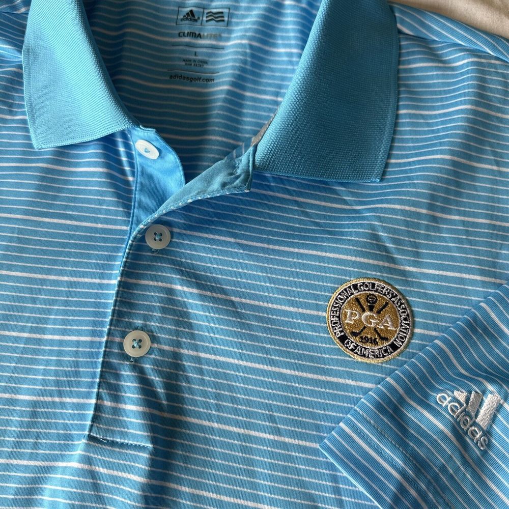 Adidas Golf Polo Men's Large PGA Embroidered Blue Strip Short Sleeve Shirt